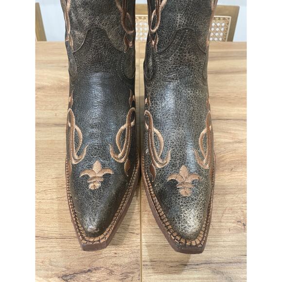 Tanner Mark Krackle Flor de Liz Embroidered Western Boots Brown Leather Sz 8 NIB - Picture 5 of 11